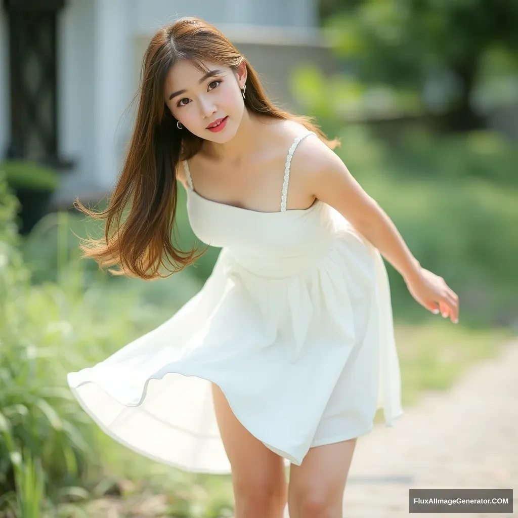 A photo of a pretty young Korean model, in a white summer skirt, full body portrait, leaning forward.