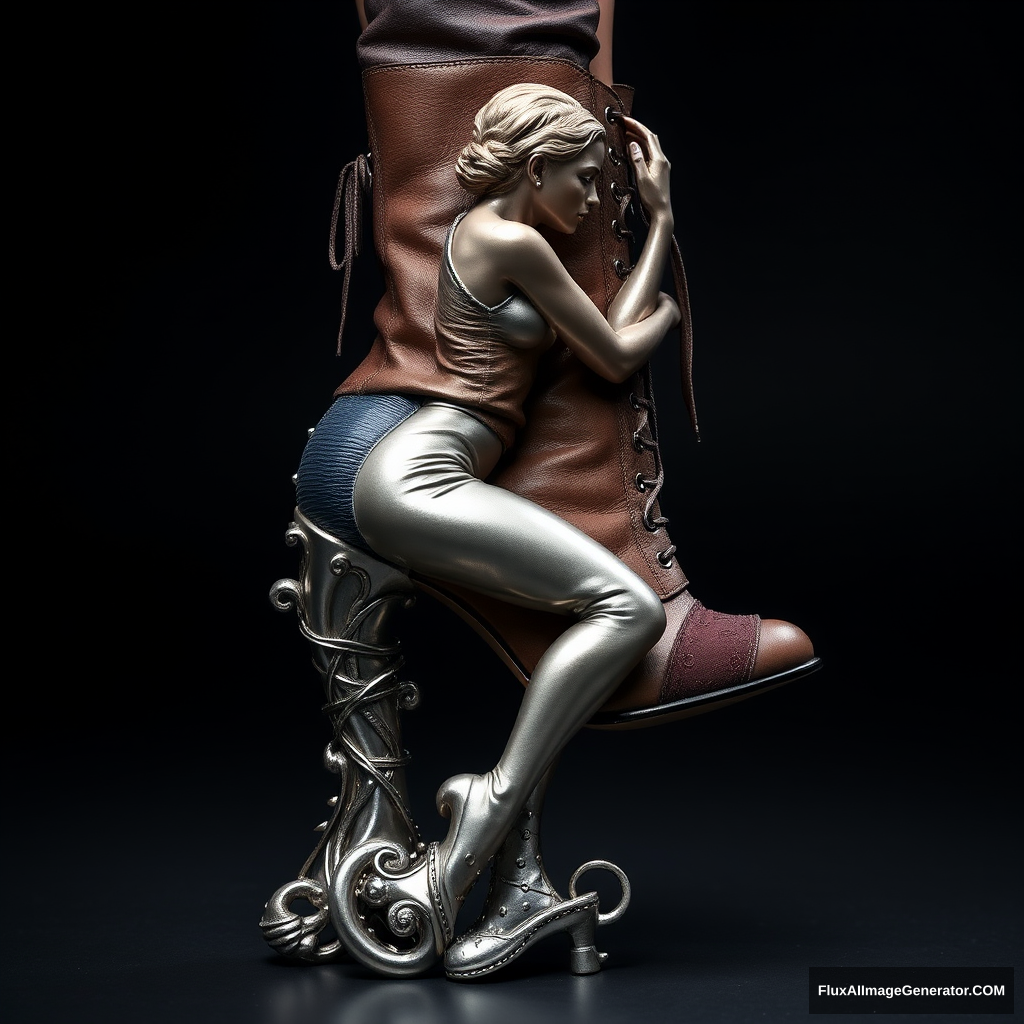 A high-fashion boot with a unique heel that represents a metallic sculpture of an entire woman's body in an artistic and sexy pose, embracing the heel and the boot body, intricate details, leather, suede parts, nails, lace.