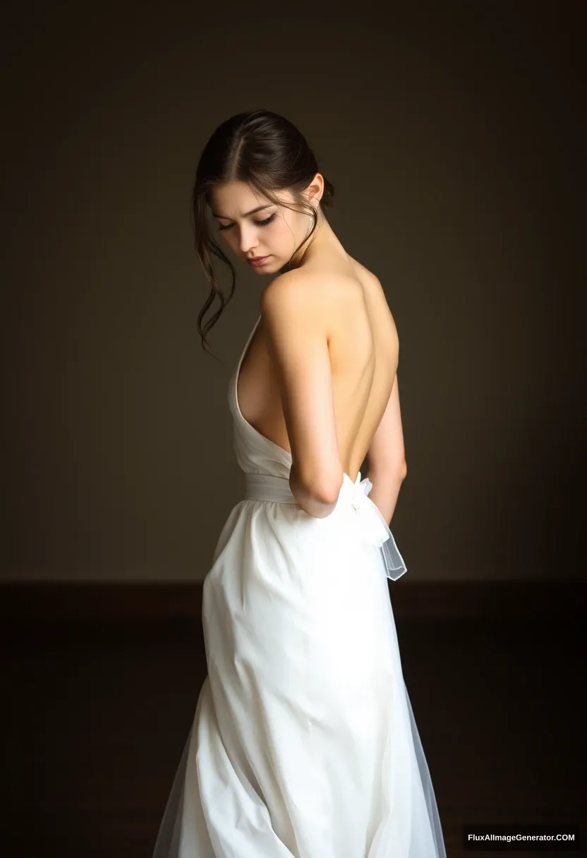 A short young woman, sensitive, delicate, ashamed, wearing a backless, strapless, side-less, low-waisted, airy, loose-fitting, contouring wedding dress, in front of patriarchy, expectations.