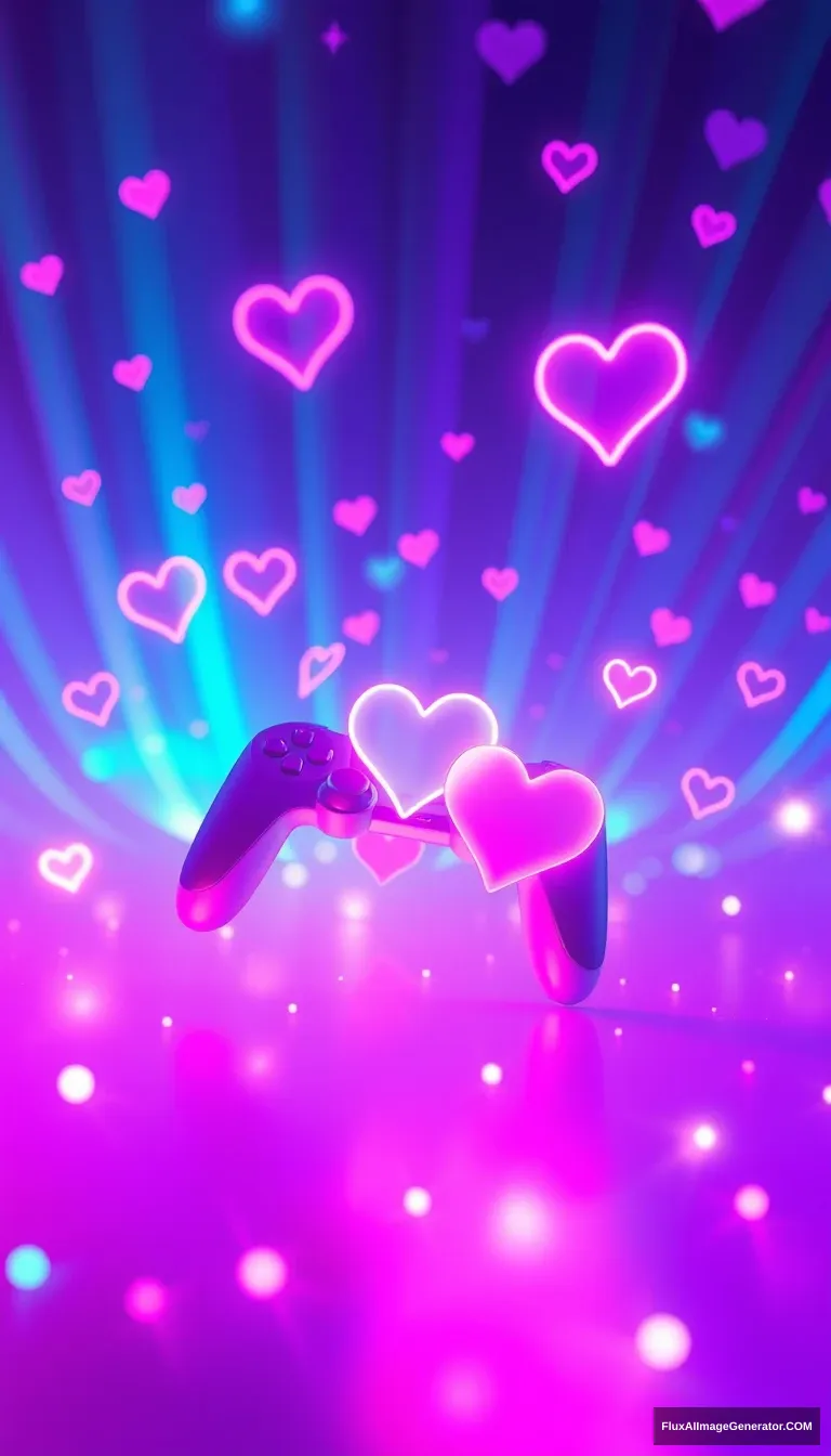 Create a 3D romantic wallpaper in a futuristic esports theme. The background should be a vibrant holographic laser field with iridescent colors, blending magenta, cyan, and electric blue. Incorporate glowing, floating gaming symbols like controllers, keyboards, and pixelated hearts. The scene should be dreamy, with a soft, ethereal light that gives the entire image a magical aura. The style should be both modern and abstract, with smooth transitions between elements, creating a sense of depth and movement. - Image