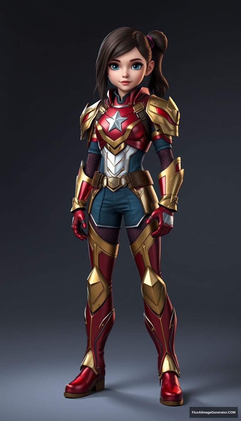 A girl wears Captain America styled armor, red-gold metallic boots, Disney 3D style. - Image