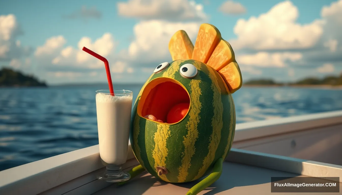 'a melon drinking a milkshake with a straw on a boat'