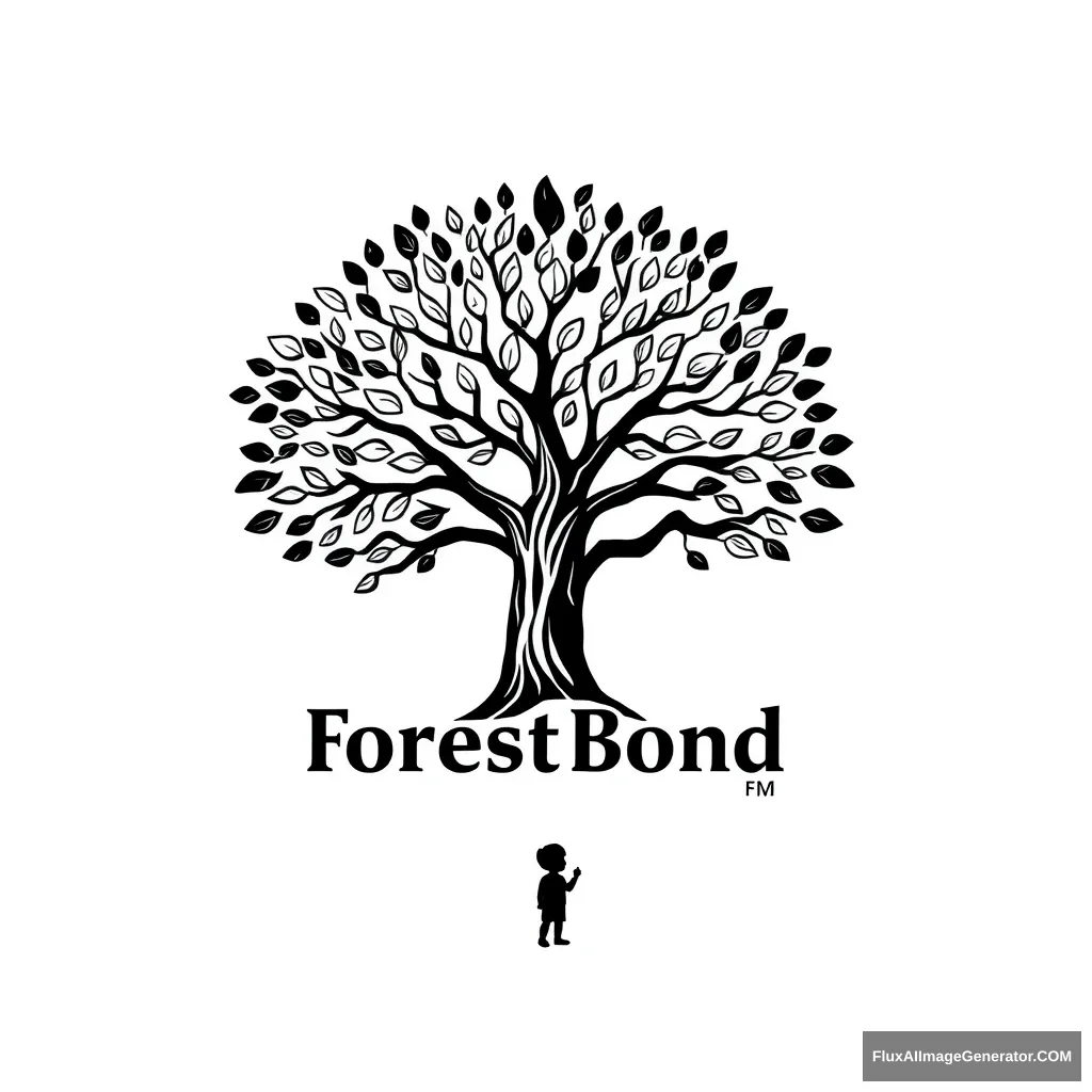 It's a logo for an app called forestbond. It's a tree in the shape of a woman spreading its branches with a lot of leaves. It gives the impression of deep and solid roots. Draw it in a reverent way and write the words Forest Bond underneath it in capital letters. It should have a serious feel to it. Don't overlap the drawing and text. Make it look like a child is under the tree looking up at it. Draw the whole thing in black on a transparent background. - Image