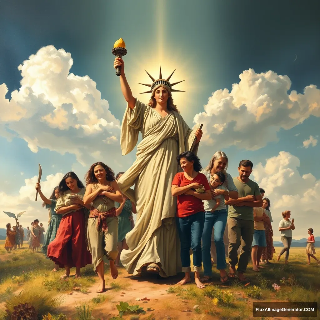 Oil painting style with a powerful and inspiring image depicting the concept of freedom and food sovereignty. In the foreground, a goddess symbolizing decentralization and blockchain leads the people towards a bright future, reminiscent of the iconic painting 'Liberty Leading the People.' She is surrounded by families and individuals who are joyous and supportive, embracing and helping each other. The scene is vibrant and full of hope, capturing the essence of unity, progress, and decentralized, family-based agricultural production. Light shines from the front, illuminating the scene.