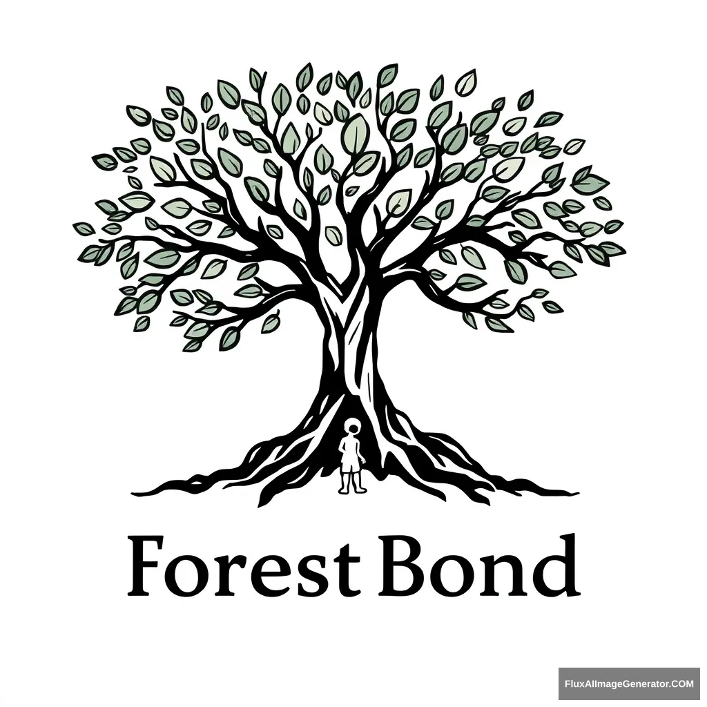 It's a logo for an app called forestbond. It's a tree in the shape of a woman spreading its branches with a lot of leaves. It gives the impression of deep and solid roots. Draw it in a reverent way and write the words Forest Bond underneath it in capital letters. It should have a serious feel to it. Don't overlap the drawing and text. Make it look like a child is under the tree looking up at it. Draw the whole thing in black on a transparent background.