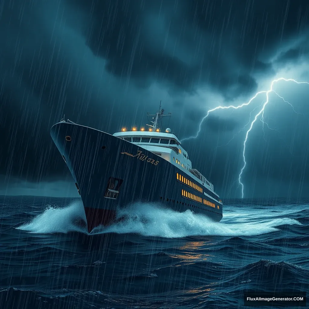 Modern ship traveling in the storm, dark sky, heavy rain, lightning