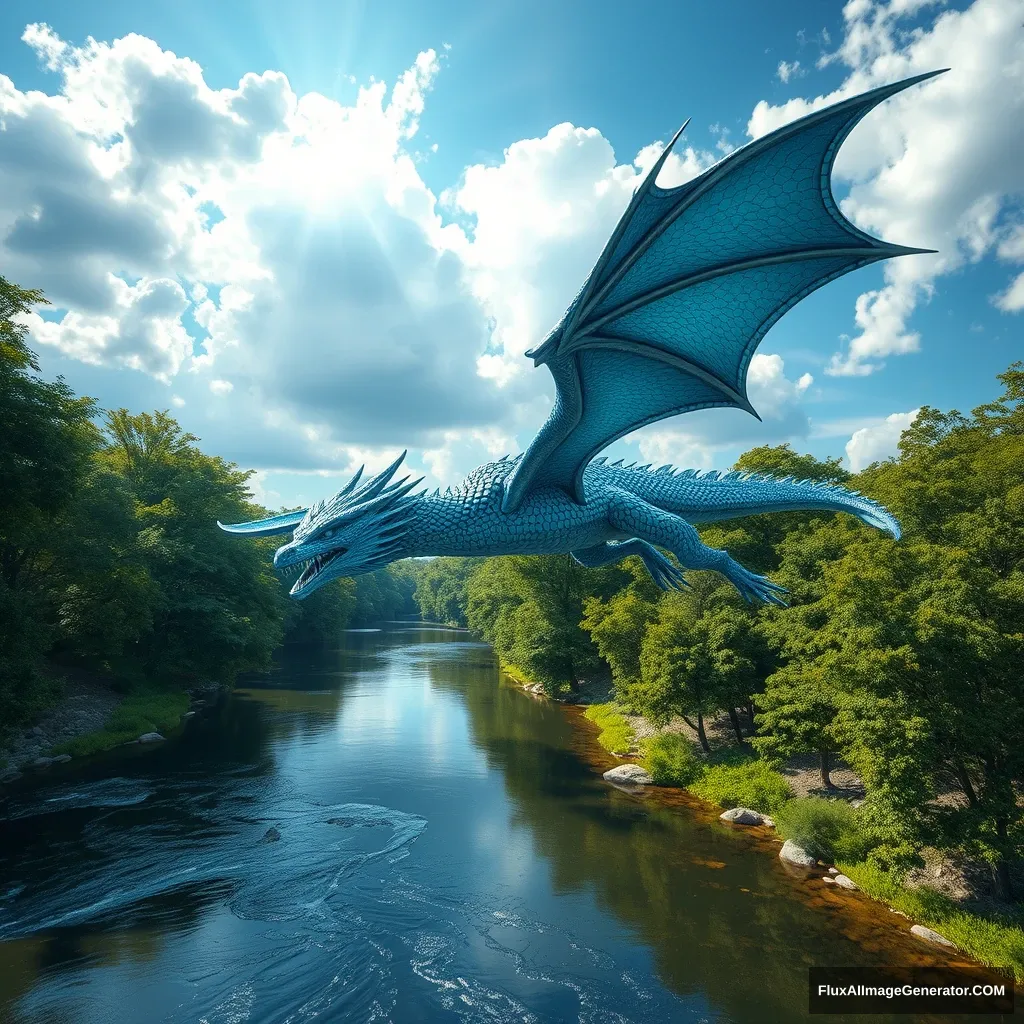 /imagine prompt: A hyper-realistic photograph of a western dragon flying high in the sky, its scales gleaming in blue and silver with intricate detail, powerful wings flapping, dynamic pose, aerial view from the river below. The river flows calmly with crystal-clear water, perfectly reflecting the dragon above, surrounded by lush, verdant trees with visible leaves. The sky is partly cloudy with rays of sunlight piercing through, highlighting the dragon's form in stunning clarity, hd quality, vivid style --ar 16:9 --v 6.0 - Image