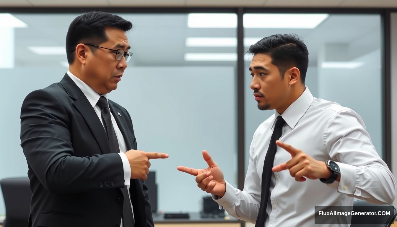 This is an office scene. There is a man in a black suit on the left side of the screen. His name is Paul, an Asian. Paul is very angry. He smacks his hand and points to the right at another man wearing a white shirt and a black tie. His name is Ivan, also an Asian. Ivan's opponent made a blocking gesture and had a disgusted facial expression.