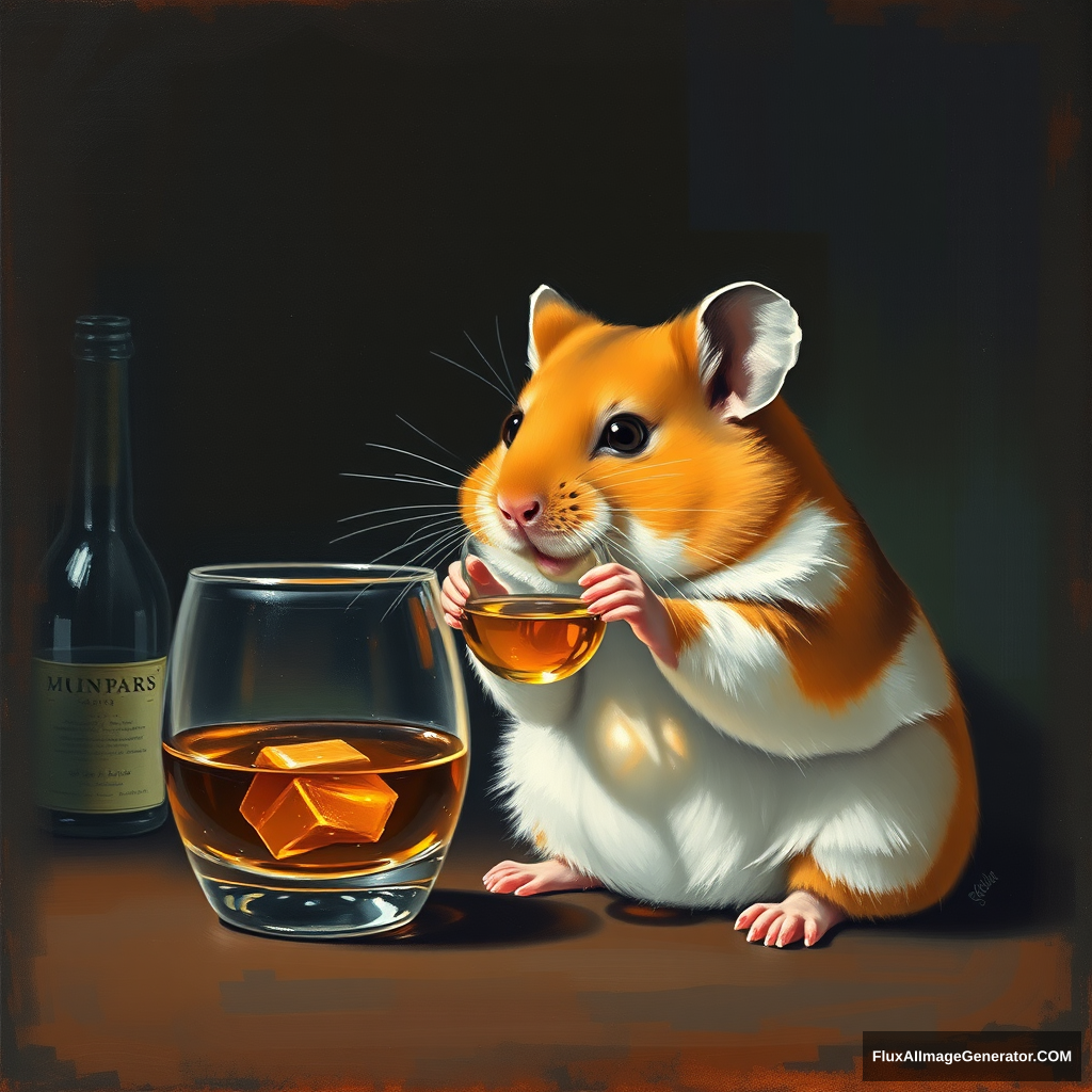 Oil painting of a hamster drinking whisky in the style of Edward Hopper's Nighthawks. - Image