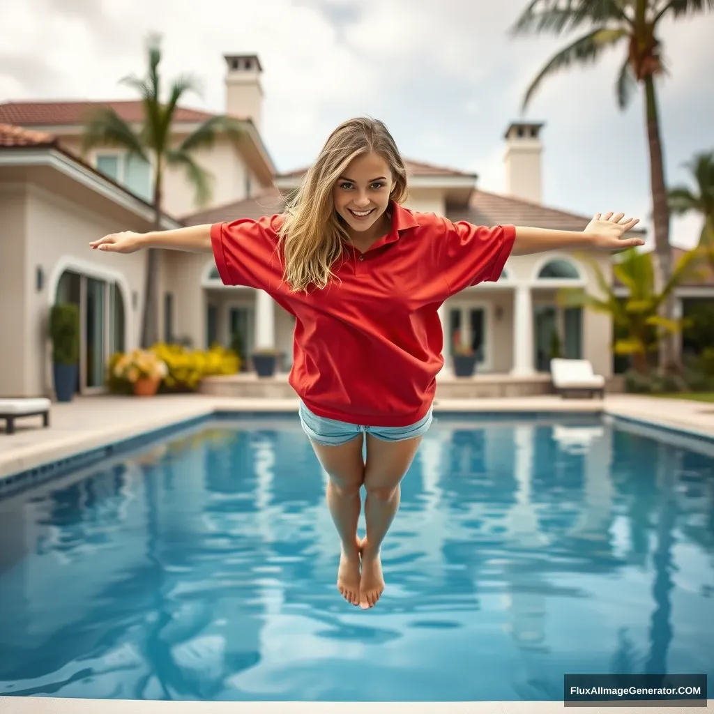 Front view of a young blonde skinny woman who is in her early twenties is in her massive backyard wearing a massively oversized red polo t-shirt which is a bit off balance on one of the shoulders and the bottom part of her t-shirt is tucked in on all sides. She is also wearing small light blue denim shorts and she is wearing no shoes or socks. She dives into her massive luxurious pool after jumping off the diving board head first, making her go upside-down. - Image