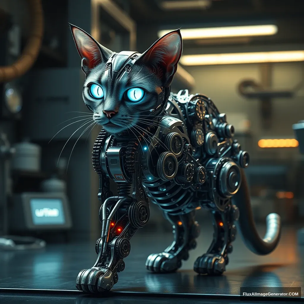 A biomechanical feline cyborg, its legs intricately exposed, revealing a mesmerizing array of glistening gears and pulsating circuits. Hyper-realistic rendering captures every minute detail, from oil-slicked metal to flickering LED lights. Set in a dimly lit laboratory, the cat's eyes glow with eerie intelligence. - Image