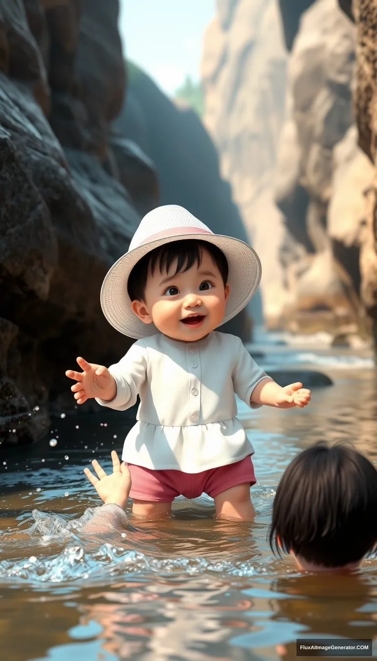 A 20-month-old Korean female child wearing a white hat is playing with her mom in a watery ravine, 8K, Pixar 3D style. - Image