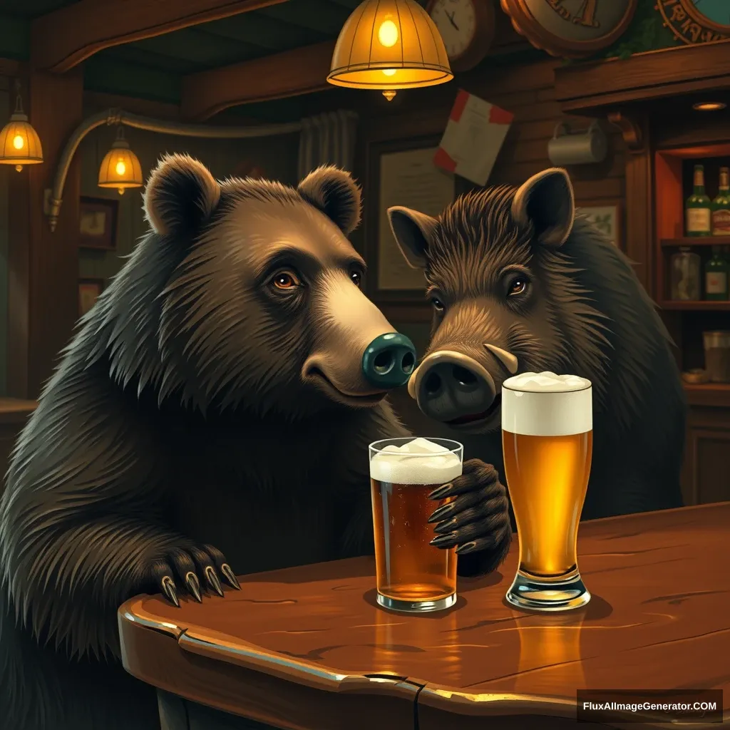 A bear having a beer at a bar with a boar in Bermuda realistic.