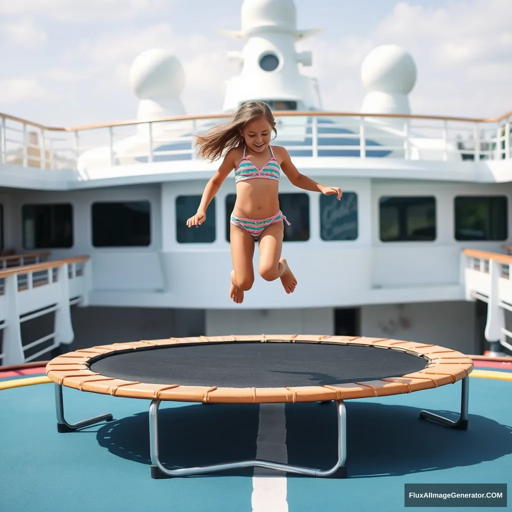 Create a photo: A girl is wearing swimwear and jumping on a trampoline. The trampoline is on the deck of a cruise ship.