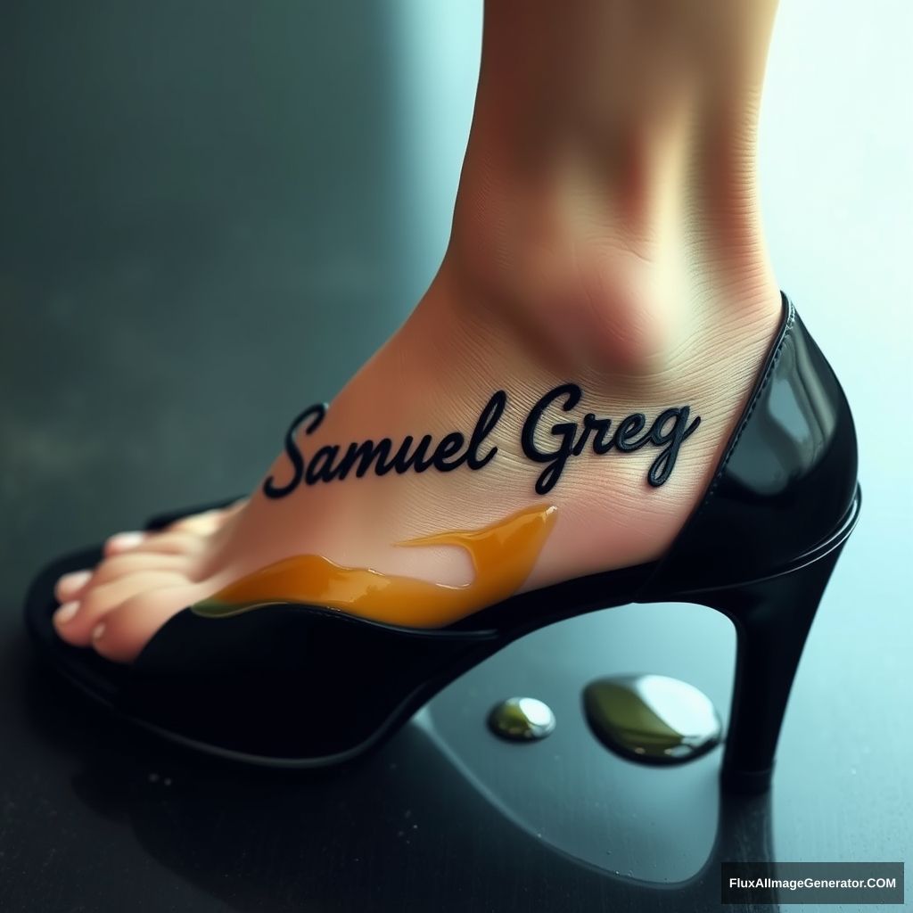 The name "Samuel Greg" on a woman's foot in a black high heel. There is oil all over the foot. - Image