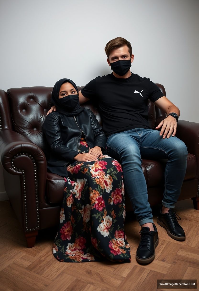 A biggest black hijab girl, slim girl, beautiful eyes, face mask black, black leather jacket, biggest floral long dress, black leather sneaker, sitting on leather single wing sofa, 

Jamie Dornan, youngest, puma black T-shirt, jeans, black leather sneaker, tall man, face mask black, fit body, sitting near her,

hyper realistic, studio photography.