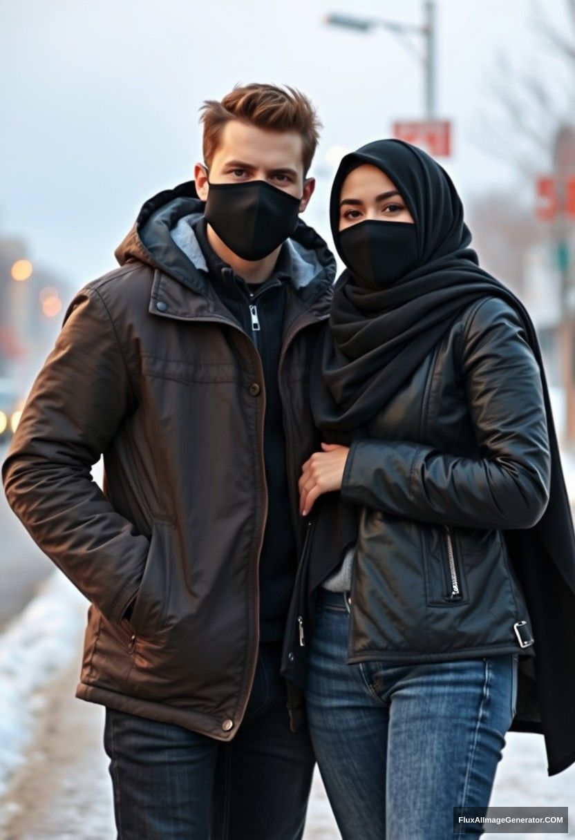 Jamie Dornan, handsome, young, black face mask, snow jacket, jeans, dating a beautiful Muslim girl in a big black hijab, with beautiful eyes and a black face mask, wearing a black leather jacket, in a winter scenery, standing together near the road in town, cold, photorealistic, street photography. - Image