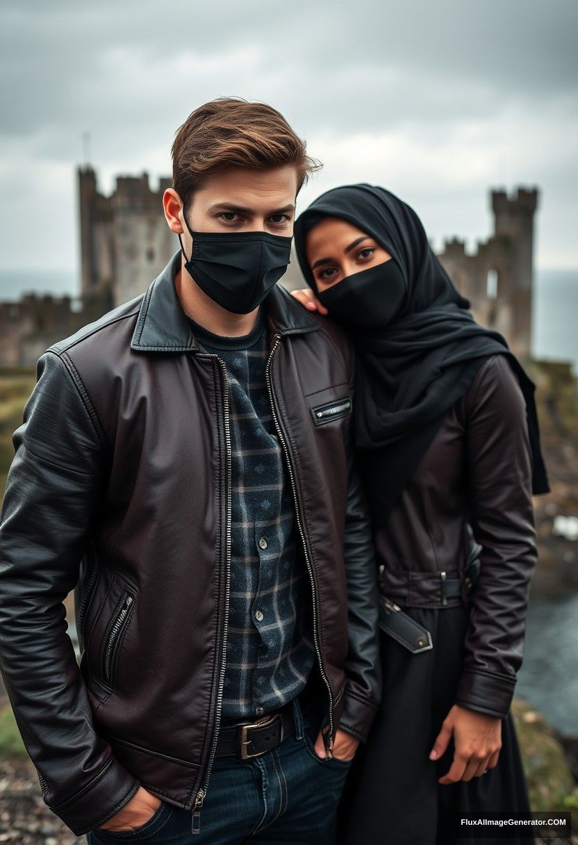 Jamie Dornan's head and body shot, handsome, youngest, face mask black, black leather jacket, jeans, dating, love with the biggest black hijab Muslim girl, not tall, beautiful eyes, face mask, maroon leather jacket, biggest black skirt, leaning on his shoulder, hyper-realistic, studio photography, full body photo, explore at abandoned castle, at sea, gloomy scenery.