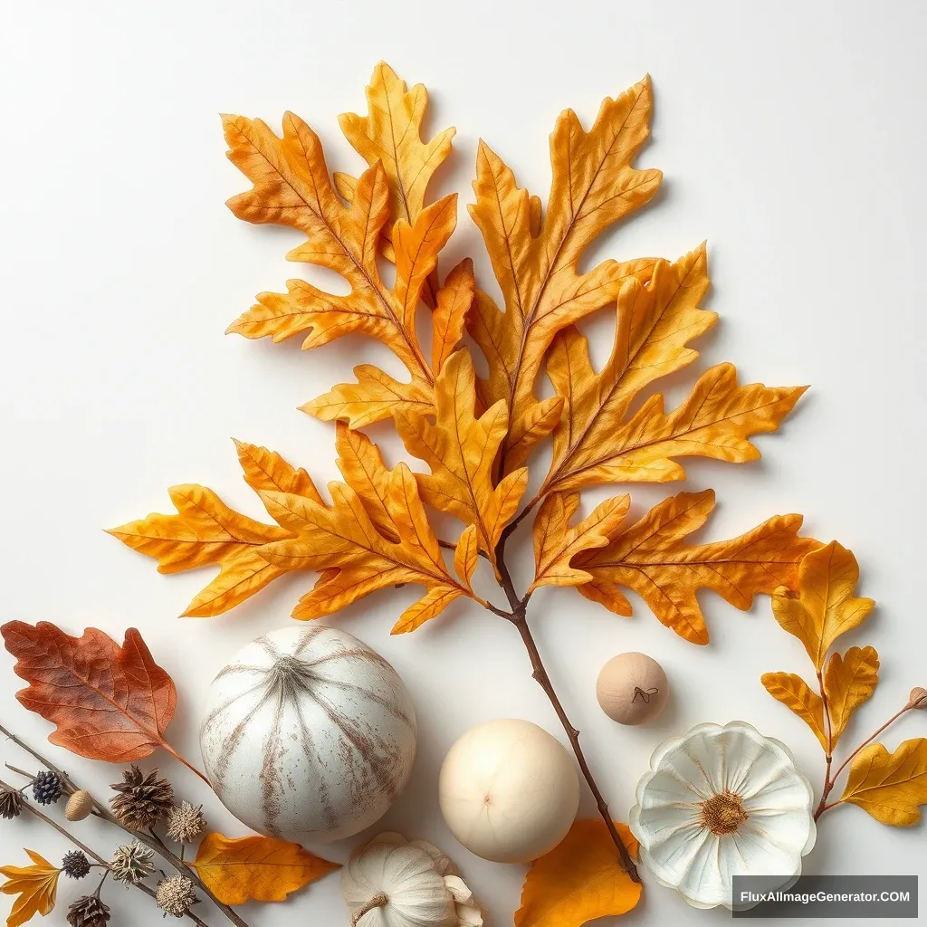 Create an image of oak leaves in ochre colors forming a still life, alongside other natural elements in pastel colors.