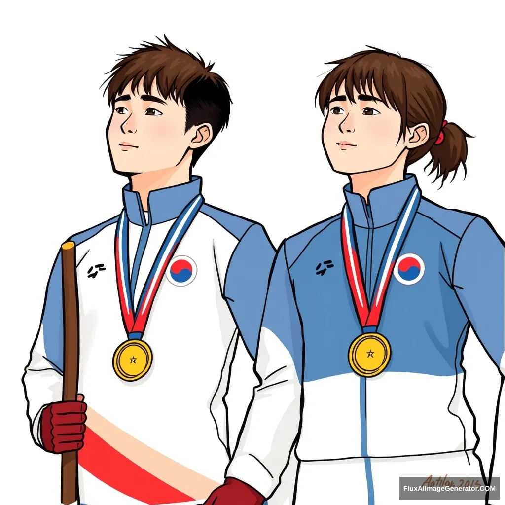 "Please draw a picture of South Korean archery players wearing gold medals around their necks at the Paris Olympics."