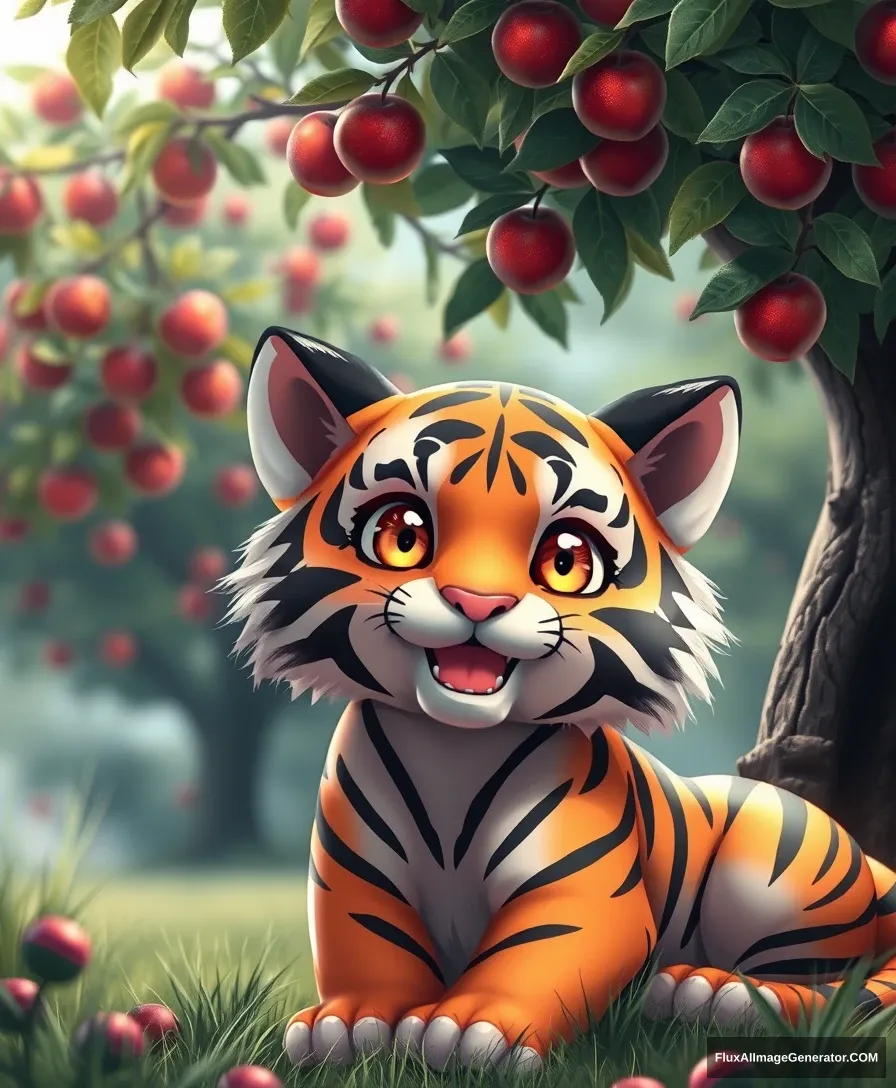 Digital art of a beautiful tiger Pokémon under an apple tree, cartoon style, matte painting, magic realism, bright colors, hyper quality, high detail, high resolution, --video --s 750 --v 6.0 --ar 1:2 intricate, exquisite details and textures, sharp focus, high resolution, detailed eyes, 8k UHD, Nikon D850, high quality, film grain, hyper realistic skin (detailed skin:1.3). - Image