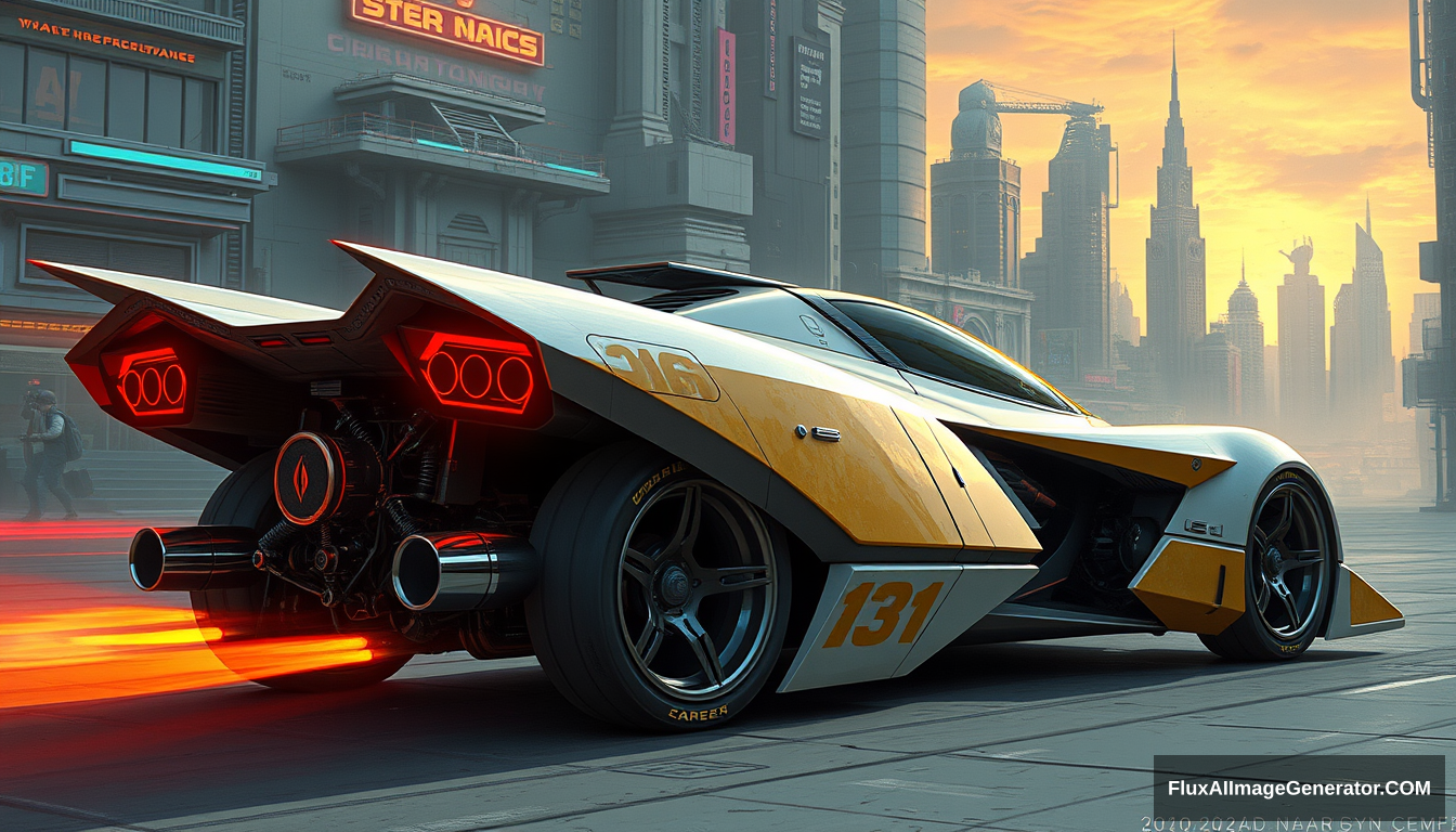 A fighter inspired concept car, as painted by Syd Mead, futuristic city setting.