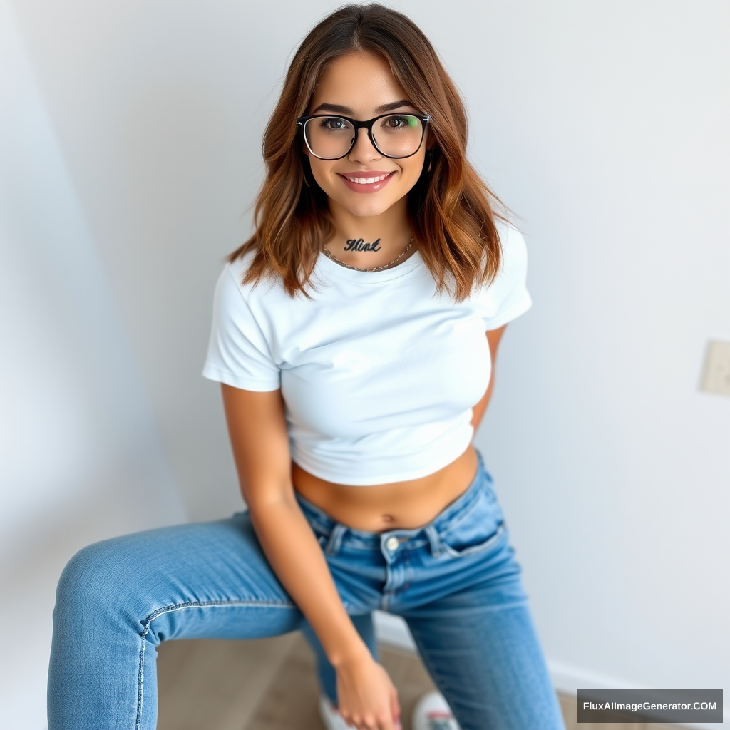 Beautiful 23-year-old woman with shoulder-length brown hair, wearing a tight-fitting white t-shirt and tight low-cut worn blue jeans, along with white Nike sneakers. She has trendy black-framed clear glasses and is looking directly at the camera with a cute smiling face that features a cool neck tattoo.