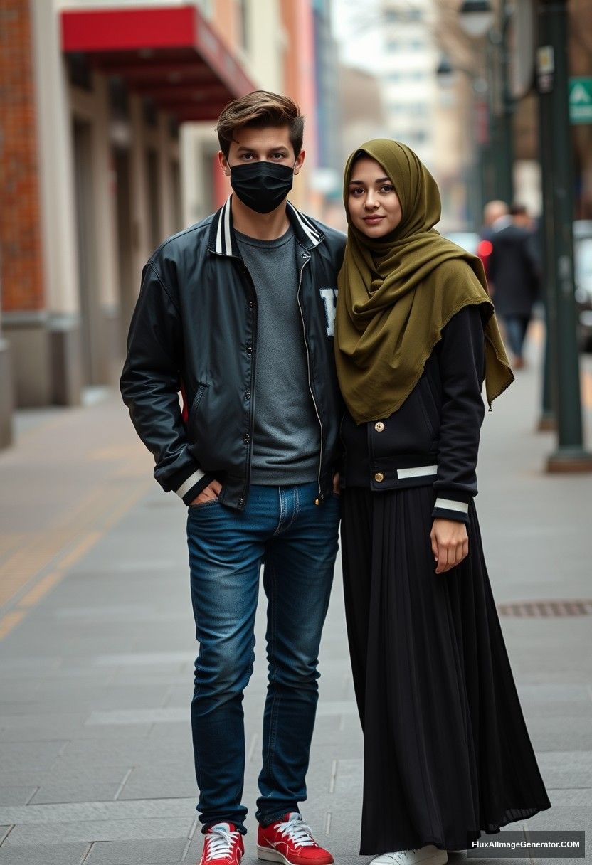 Jamie Dornan, young, black face mask, capital A collage jacket, jeans, red sneakers, dating love romantic with the biggest army green hijab, beautiful eyes, black face mask, college jacket, biggest longest skirt, not a tall girl, photorealistic realistic, street photography, full photography.