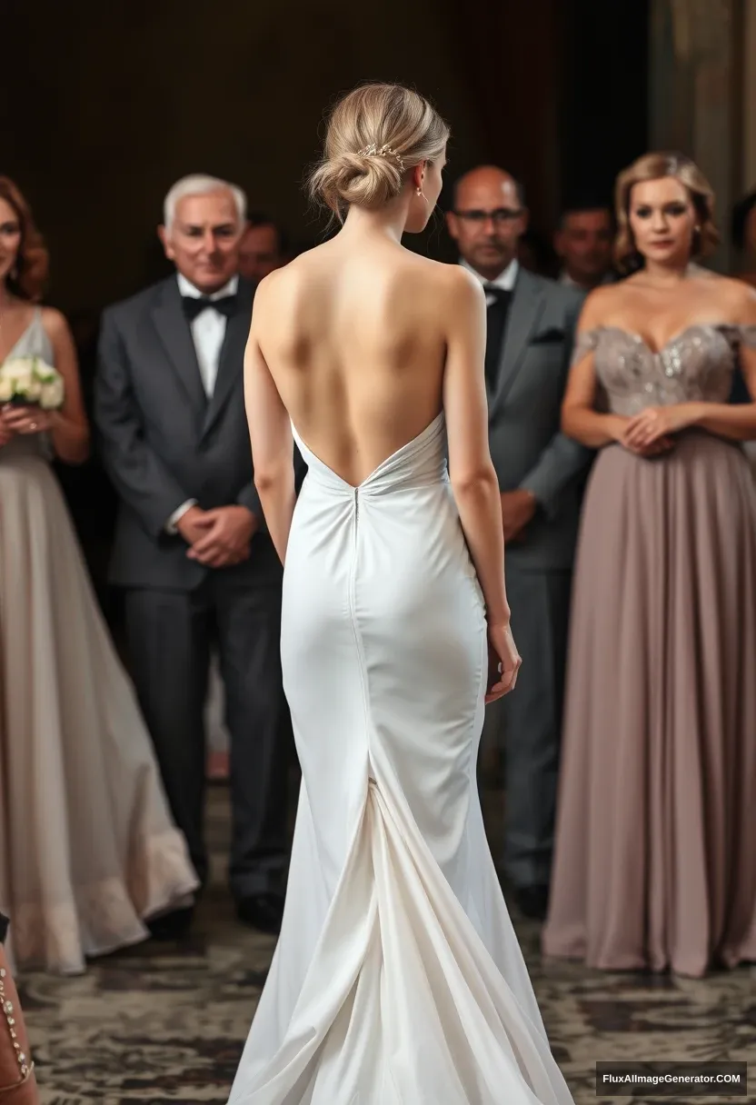 A short young woman, sensitive, delicate, backless strapless side-less low-waisted contouring wedding dress with a breezy loose open back spilling open to the sides, that seems like it was intentionally left undone, in front of elder patriarchy. Expectations. Perfect posture. Pale skin.