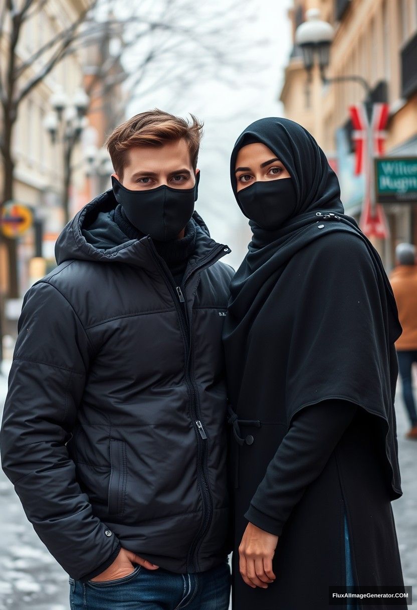 Jamie Dornan, handsome young man, wearing a black face mask, snow jacket, and jeans, dating the most beautiful Muslim girl in a black hijab, with beautiful eyes, also wearing a black face mask and snow jacket. They stand together in a winter scenery at town. Photorealistic street photography. - Image