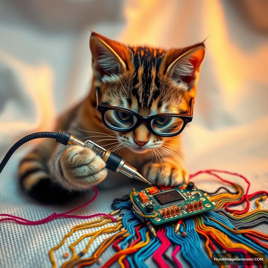 A mischievous tabby cat, wearing tiny spectacles, meticulously solders a circuit board with a miniature iron. Vibrant threads weave intricate patterns, mimicking electronic pathways. Soft fabric backdrop, warm lighting. Delicate French knots form components. Style: Hyper-realistic embroidery art, blending traditional craftsmanship with modern technology.