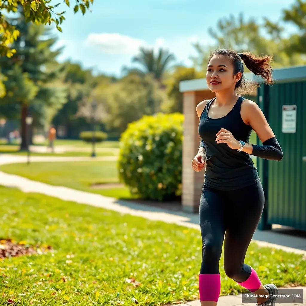 A woman running, Asian, young mother, wearing yoga workout clothes, passing by the park's restroom. - Image