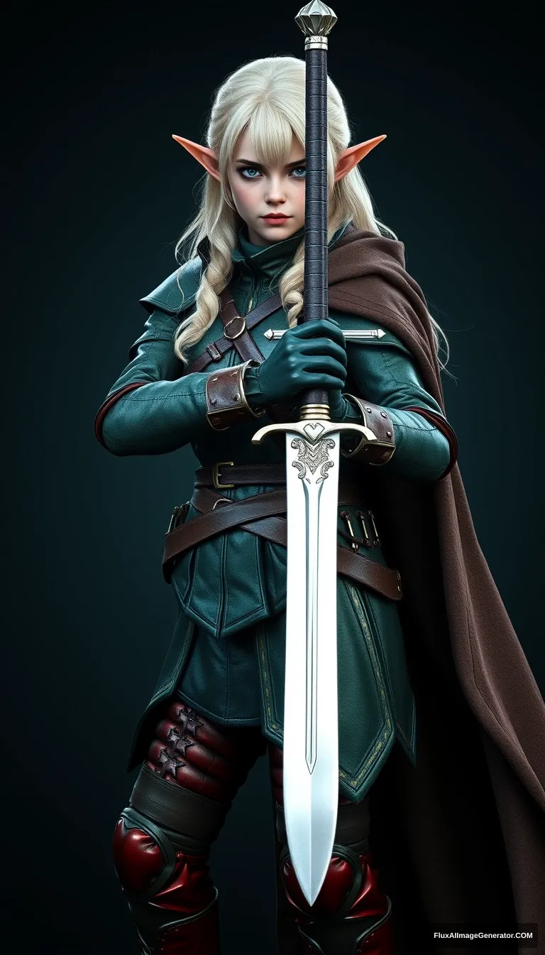 gorgeous and elegant girl elf warrior (Emma Watson) guards with a sword, full body shot, platinum colored hair, greenish metallic military uniform, reddish military metallic boots, dark brown cloak, hyper-realistic photo, unreal engine - Image