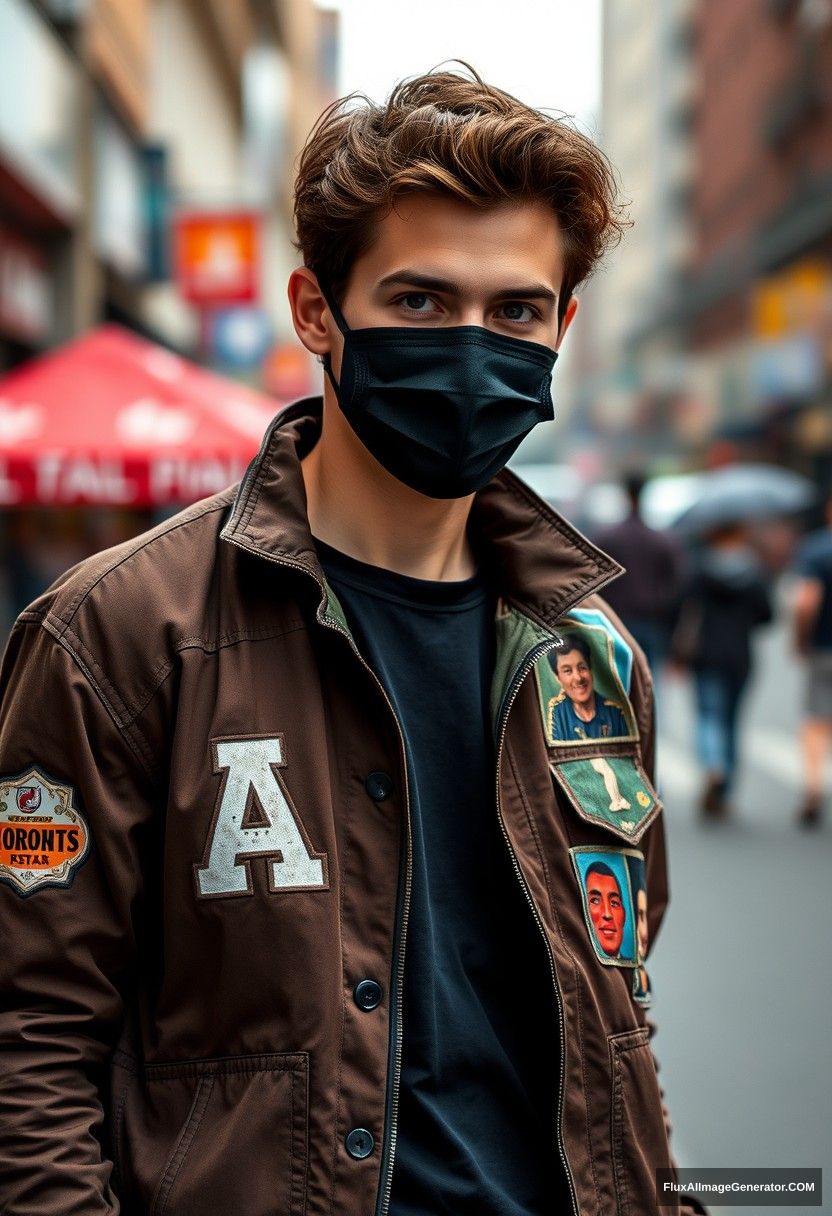 Jamie Dornan, young, black face mask, capital A collage jacket, jeans, hyper-realistic, street photography.