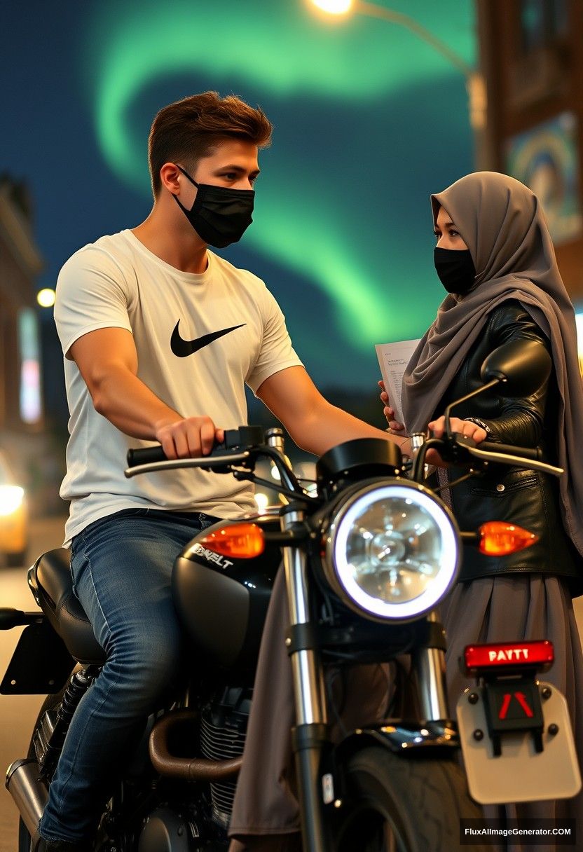 Jamie Dornan, tall, young, black face mask, white Nike T-shirt, jeans, riding a motorcycle

dating, love, romantic with a grey hijab-wearing Muslim girl, beautiful eyes, black face mask, leather jacket, very long and large skirt, not a tall girl,

riding a motorcycle, in town, photorealistic, street photography, night scenery, aurora borealis.