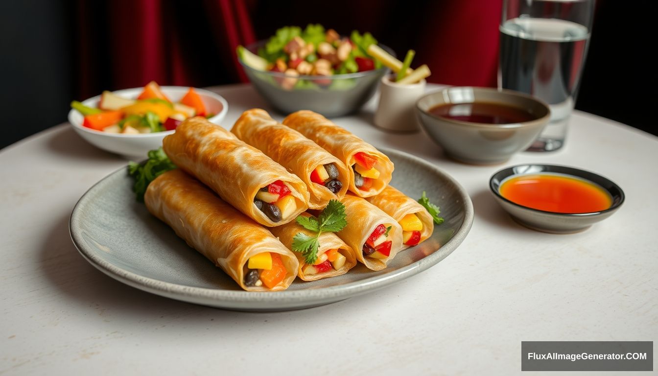 A highly detailed and sharp image of fruit spring rolls, plated on a grey plate. The spring rolls are golden brown and crispy, with some cut open to reveal the colorful fruit filling inside. The plate is garnished with a small side of fresh salad greens. In the background, there is a bowl of mixed salad and a small dish of dipping sauce, along with a glass of water. The setting is on a light-colored textured surface. The background includes dark areas with a hint of red drapes, providing a contrast that enhances the vibrant colors of the dish. The overall atmosphere is elegant and appetizing, capturing the intricate details of the spring rolls and the dining setting. - Image