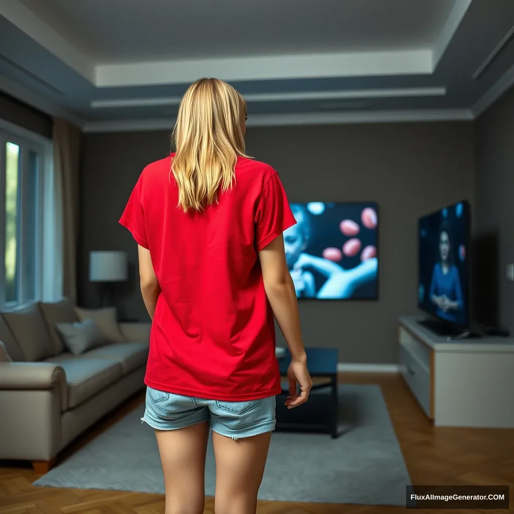 Back view of a young blonde skinny woman in her early twenties in her massive living room. She is wearing a massively oversized red polo t-shirt, which is a bit off balance on one shoulder, and the bottom part of her t-shirt is also untucked. She is wearing light blue denim shorts and no shoes or socks. She faces her TV with a shocked expression and dives into the magical TV.