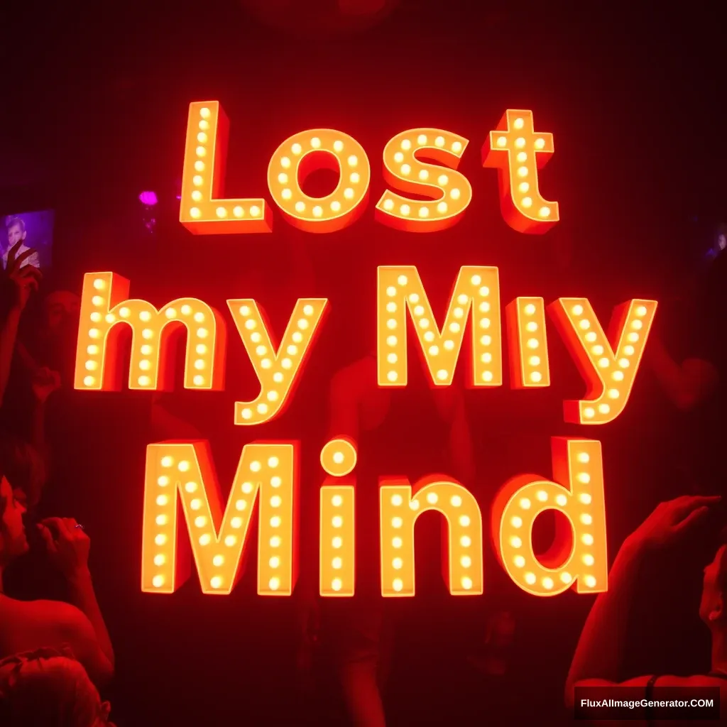 Lost my mind in the club, people dancing, glowing 3D text saying "Lost My Mind". - Image