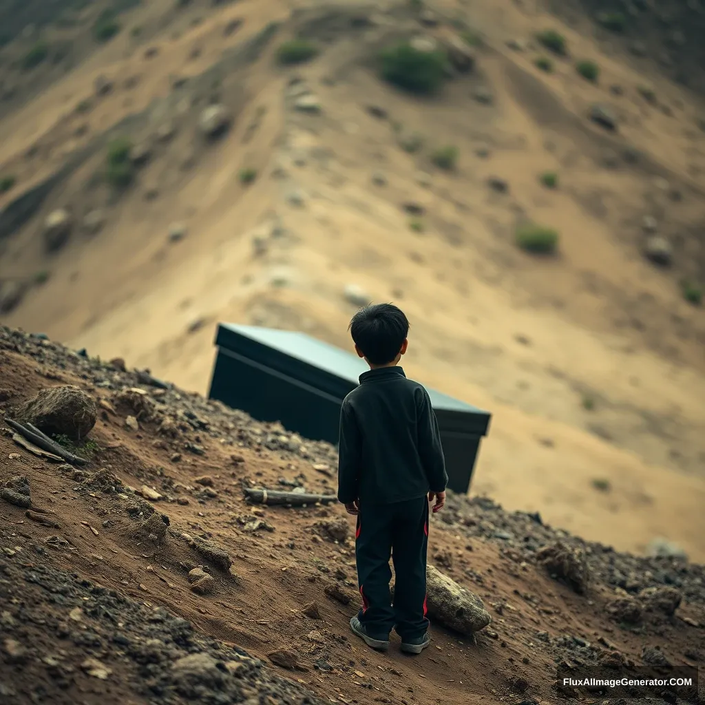 On the earthen slope, a 17-year-old Chinese boy looks at a black coffin from a distance. 18:9 - Image