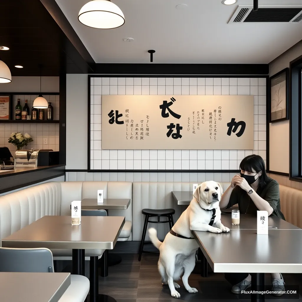 Japan  
Cafe Interior  
The furniture colors are combined in black and white,  
Americans are drinking coffee, and there are dogs as well. - Image