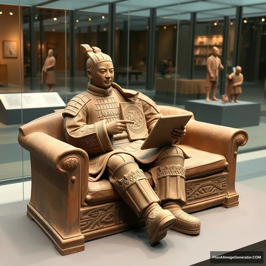 "A Terracotta Warrior sitting on a sofa playing with a tablet, whole body, displayed independently, surface decorated with cloud patterns and geometric designs, background is a museum, exhibition display."