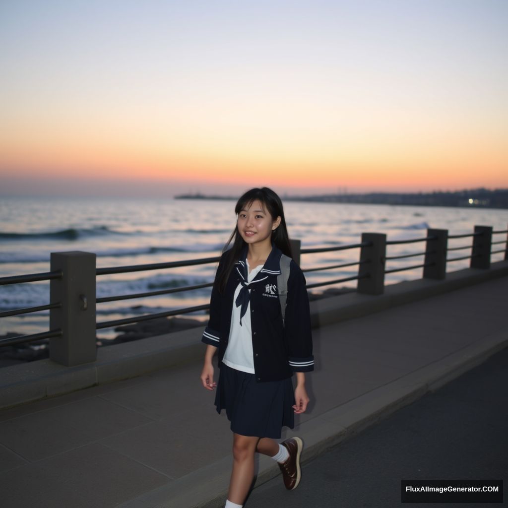 A female student walking by the seaside, beach, dusk, Chinese person, street, Chinese school uniform, girl.