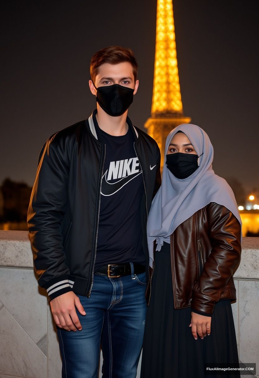 Jamie Dornan, youngest, black face mask, collage jacket, Nike t-shirt, jeans, tall man, fit body,

Dating, love with the biggest grey hijab Muslim girl, beautiful eyes, black face mask, leather jacket, biggest longest skirt, cute not tall girl,

standing at a wall, an Eiffel Tower, night scenery, hyper-realistic, photorealistic, street photography.