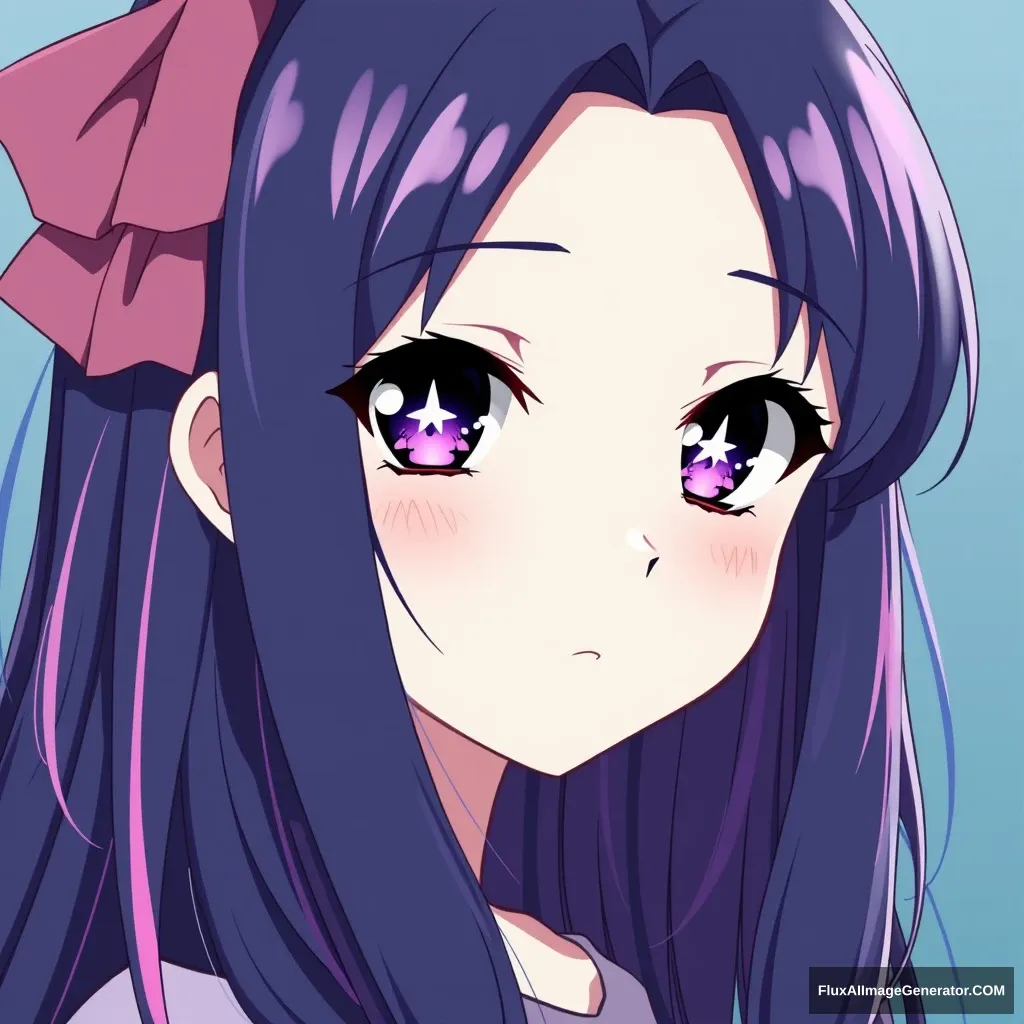 A beautiful young girl with dark-purple and pink-colored eyes with white shiny six-star pupils. She has indigo and purplish long hair reaching her waist and has bangs with pink streaks in them. Anime art style.