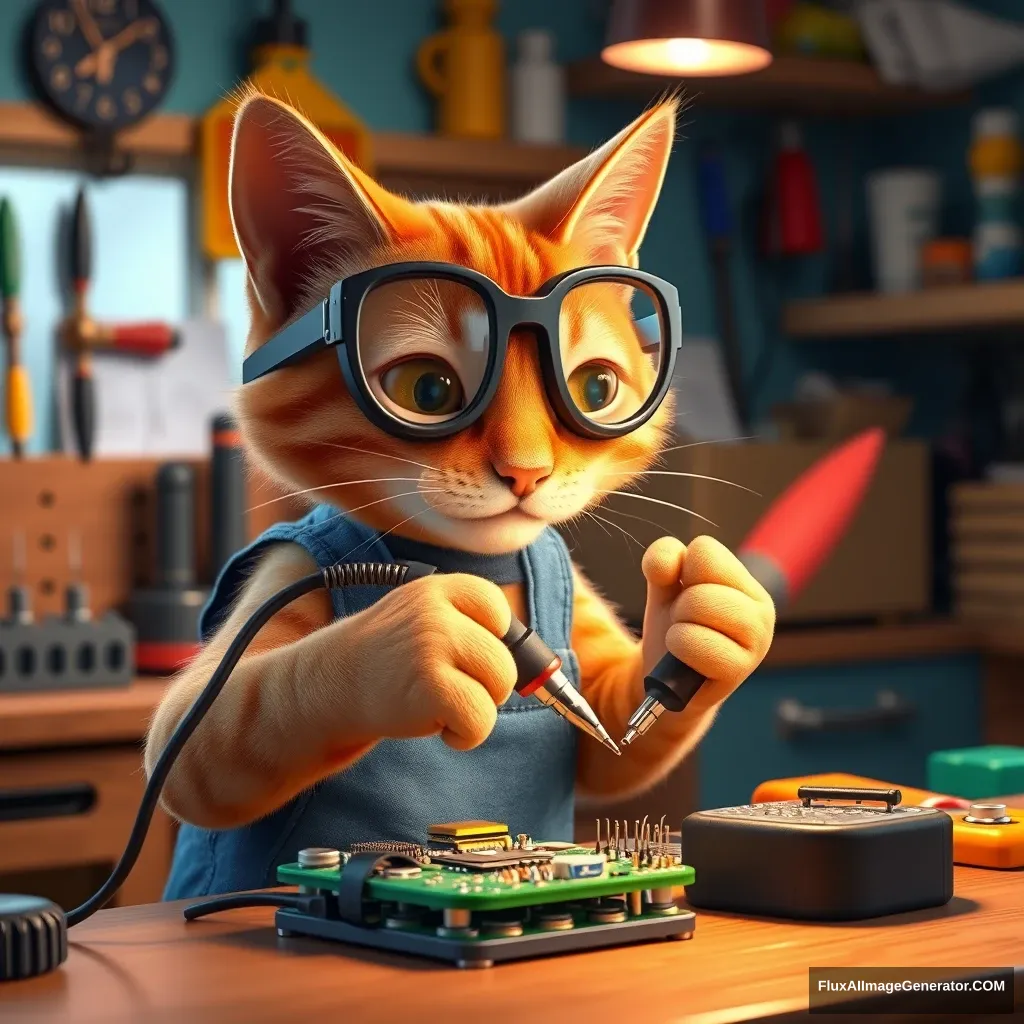 A mischievous ginger tabby cat, wearing oversized safety goggles and a tiny blue work apron, delicately wields a miniature soldering iron. The cat meticulously repairs a complex PCB in a vibrant, colorful Pixar-style workshop. Whimsical tools and gadgets float nearby, defying gravity. Warm, ambient lighting creates a cozy atmosphere.