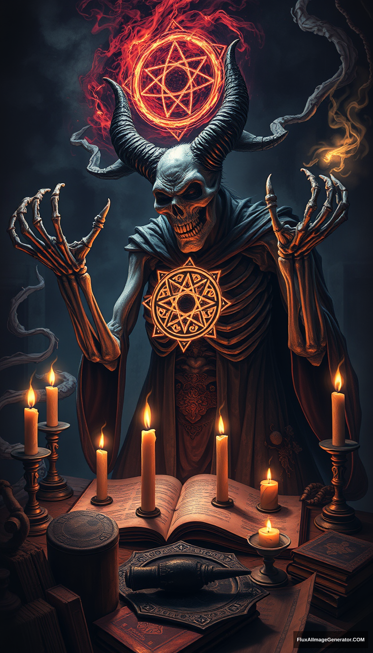 A grotesque Demon Necromancer, half-transformed into a lich, performs an intricate summoning ritual. Skeletal hands weave arcane sigils in the air, surrounded by flickering candles. Dark tendrils of necromantic energy swirl, merging fantasy and horror. Ancient tomes and occult artifacts scatter the shadowy chamber.