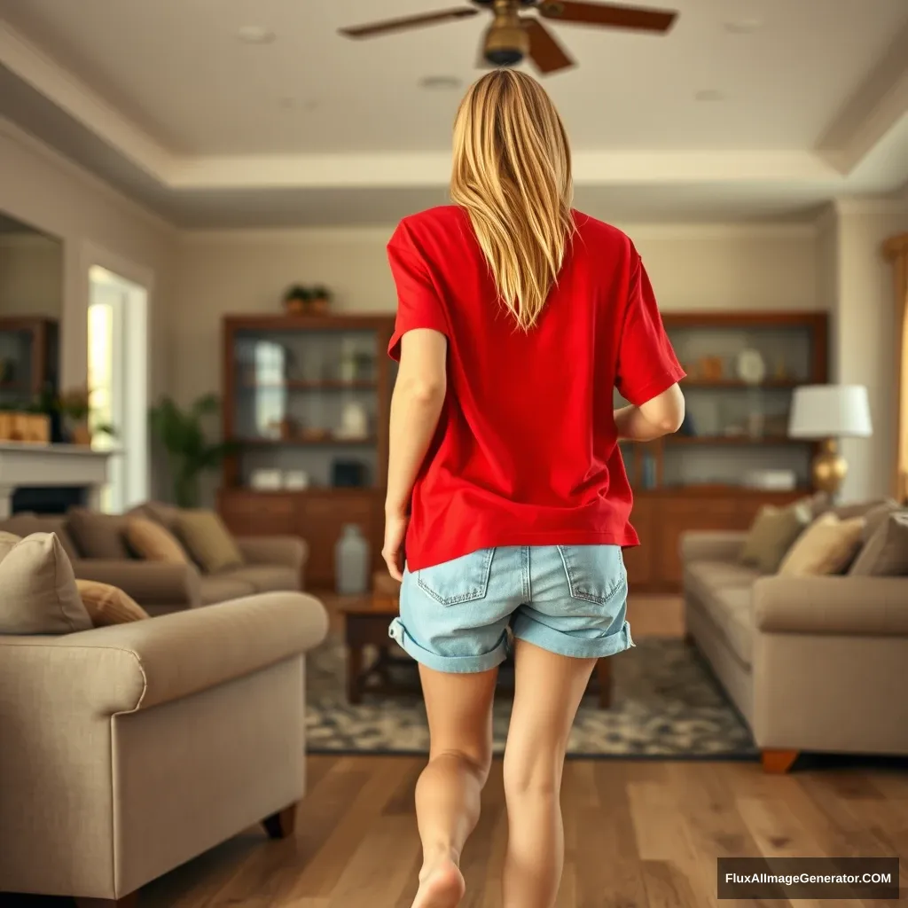 Back view of a blonde skinny woman who is in her massive living room wearing a massively oversized red polo t-shirt that is off balance on one of the shoulders and wearing oversized light blue denim shorts that aren't rolled up, and she is wearing no shoes or socks. She faces the camera while getting off her chair and runs towards the camera.