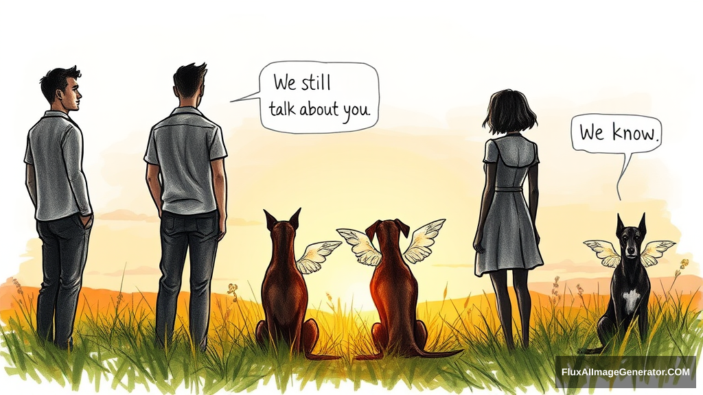 Messy, pencil sketch colour illustration: 4 silhouetted figures—2 male, 2 female—stand in a lush meadow at golden hour. 3 ethereal, winged dobermans sit beside them. Facing away from the viewer. Speech bubbles float above: "We still talk about you" (human), "We know" (dog). Nostalgic atmosphere, convey wistful longing.