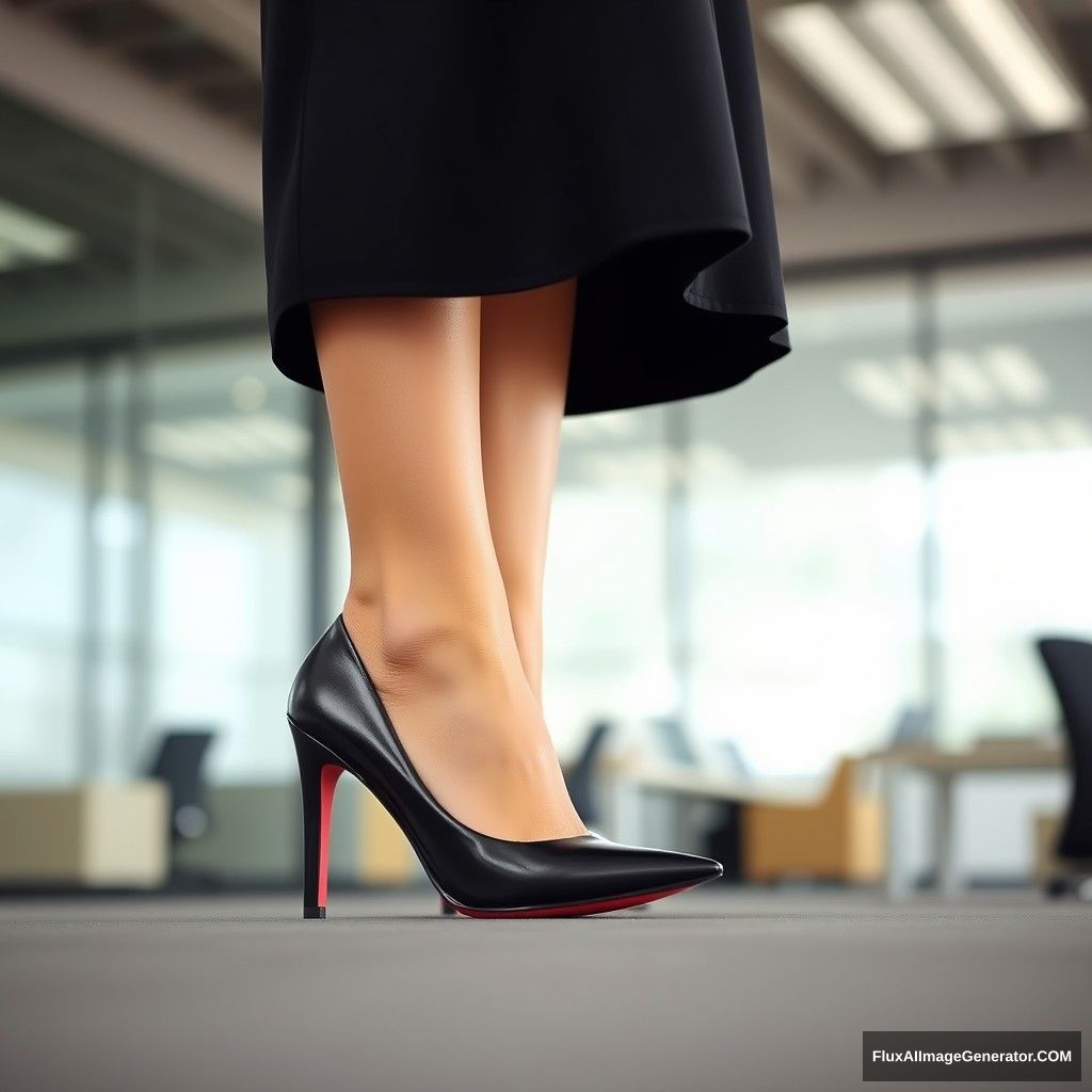 A woman working in a company, indoors, black high heels with a red sole, OL skirt.