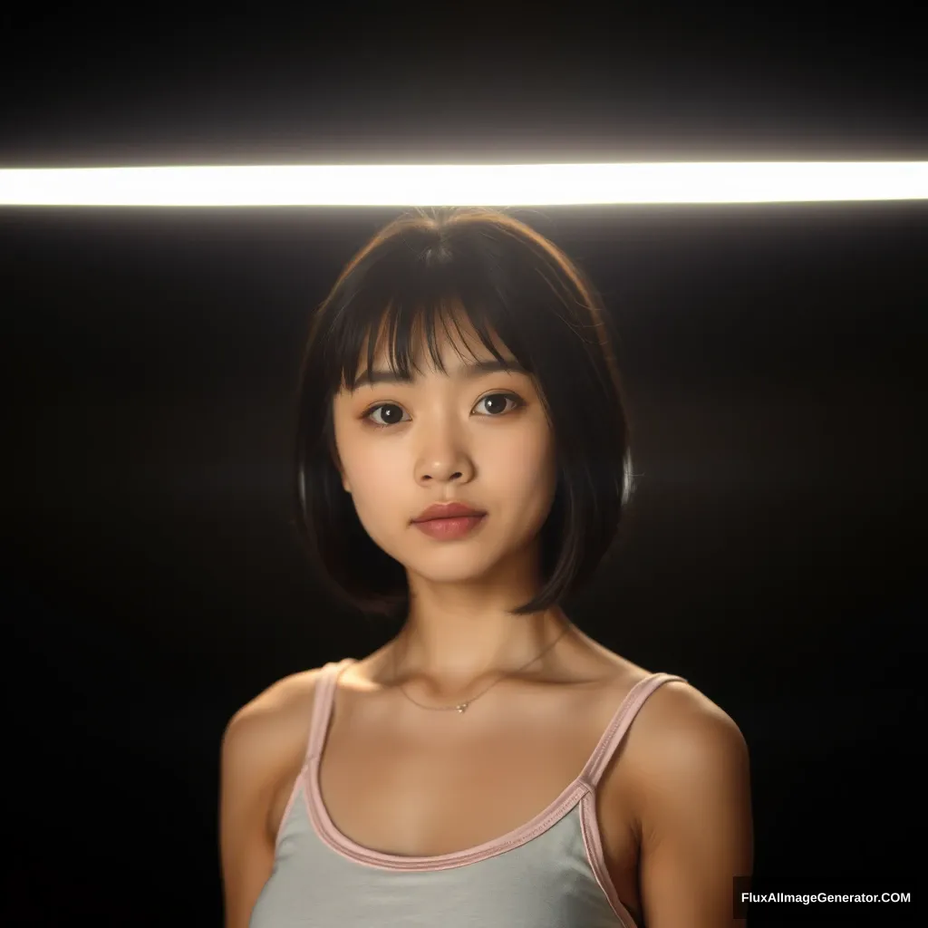 Background: Black background and a beam of light overhead, soft lighting. Light focused on the girl's face, A 21-year-old girl looked at me, Asian face. The girl was wearing a Tank Top.